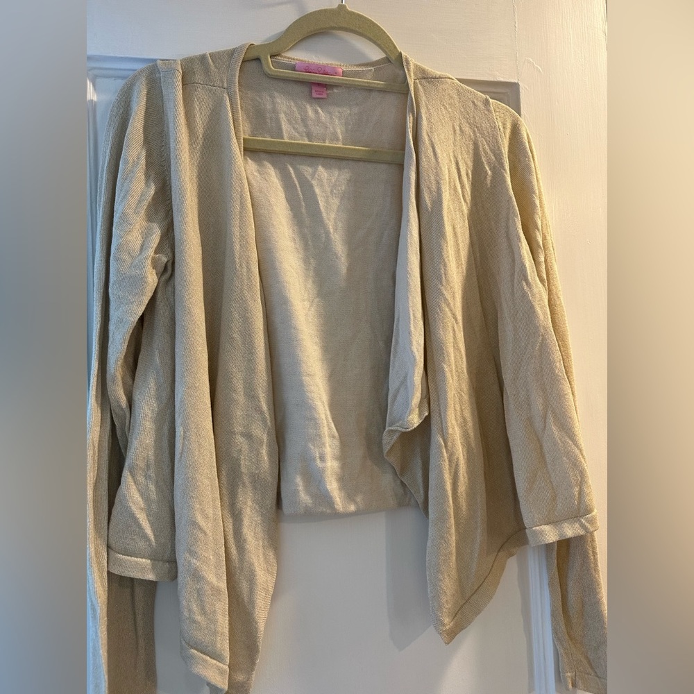 Lilly Pulitzer Colony Open Drape Front Cardigan Sweater Gold Metallic - Picture 4 of 4